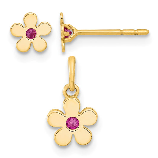 14K Madi K Polished CZ Flower Post Earrings and Flower Pendant Childrens Set