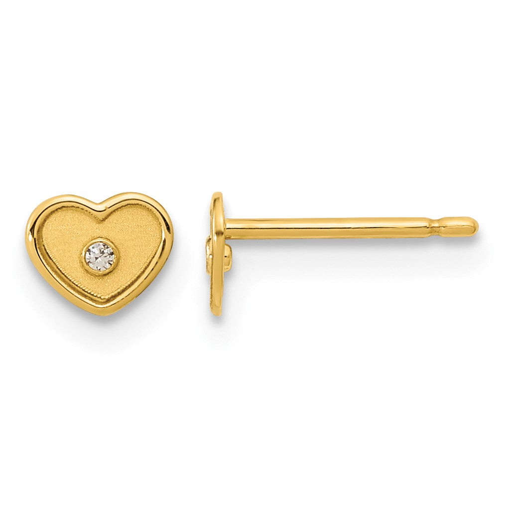 14K Madi K Polished and Brushed CZ 4.5mm Heart Childrens Post Earrings