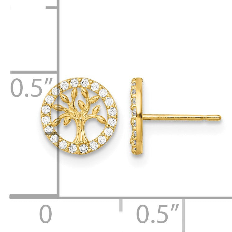 14K Madi K Polished White CZ Tree of Life Childrens Post Earrings