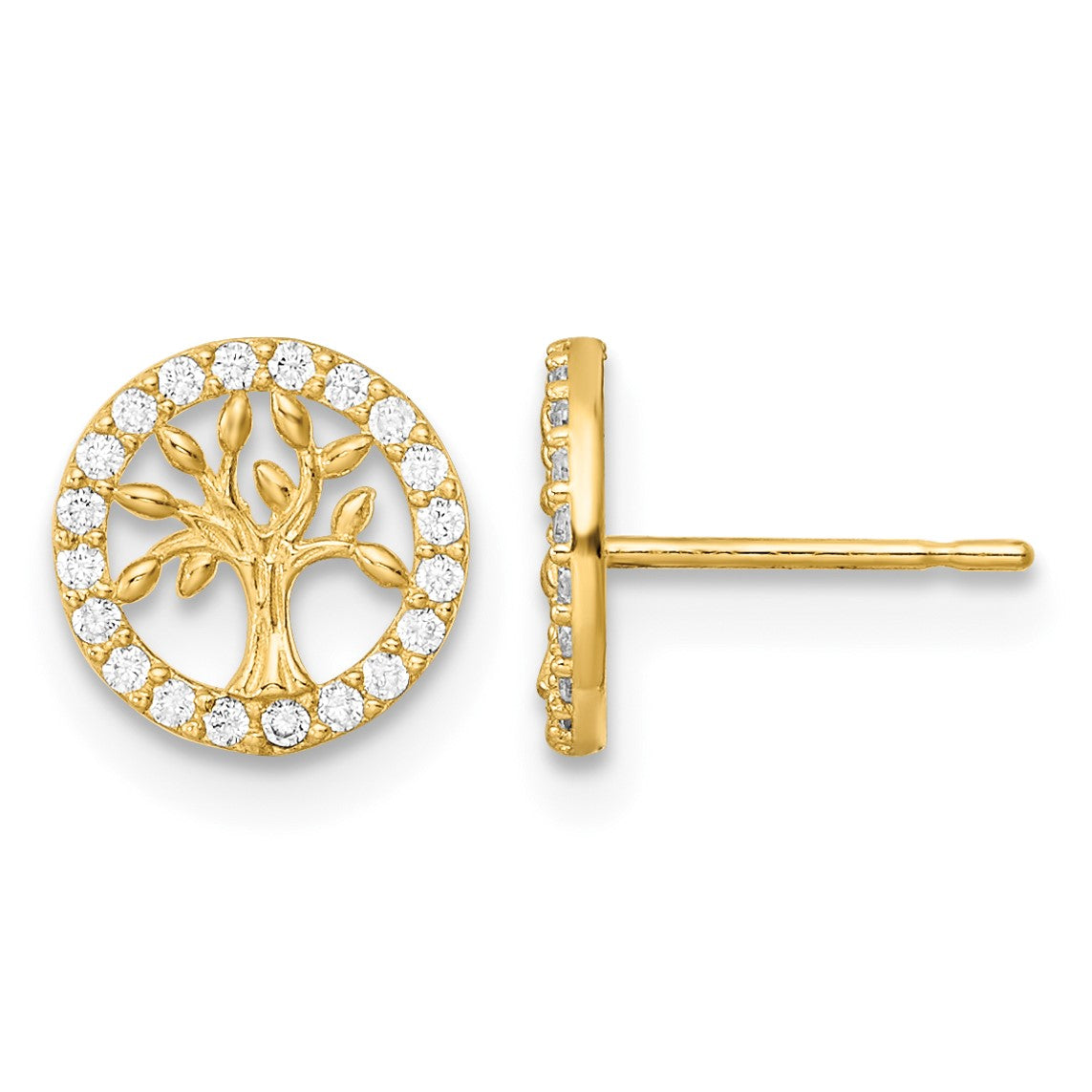 14K Madi K Polished White CZ Tree of Life Childrens Post Earrings