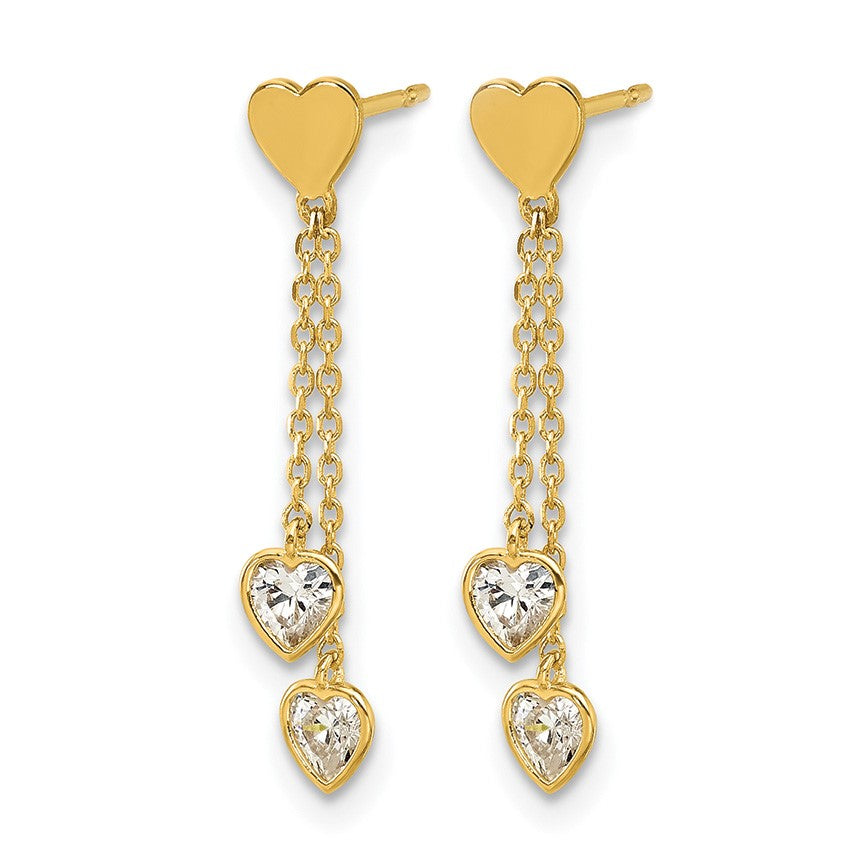 14k Madi K Polished CZ Hearts Post Dangle Childrens Post Earrings