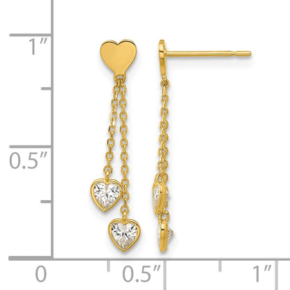 14k Madi K Polished CZ Hearts Post Dangle Childrens Post Earrings