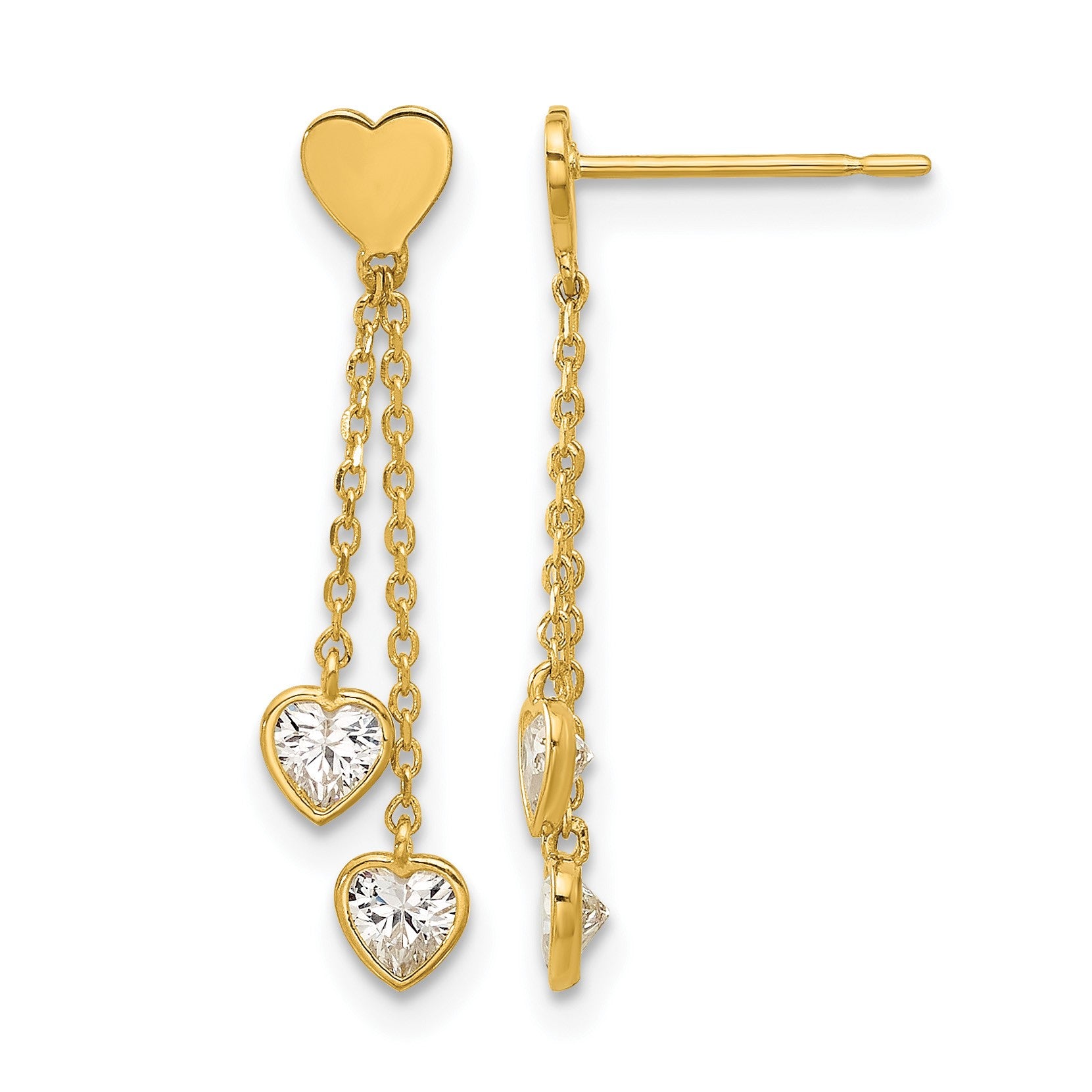 14k Madi K Polished CZ Hearts Post Dangle Childrens Post Earrings