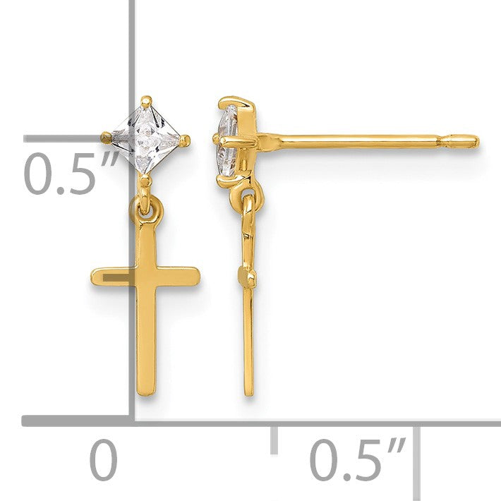 14k Madi K Polished CZ Cross Childrens Dangle Post Earrings