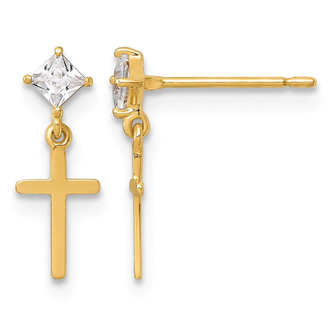 14k Madi K Polished CZ Cross Childrens Dangle Post Earrings