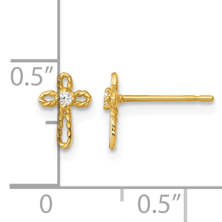 14k Madi K Polished and Twisted CZ Cross Childrens Post Earrings