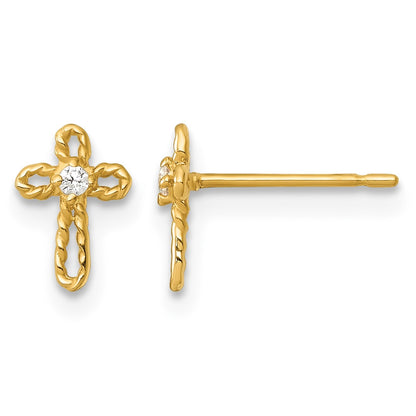 14k Madi K Polished and Twisted CZ Cross Childrens Post Earrings