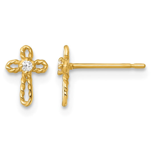 14k Madi K Polished and Twisted CZ Cross Childrens Post Earrings