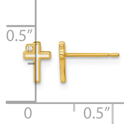 14k Madi K Polished White Enameled CZ Cross Childrens Post Earrings