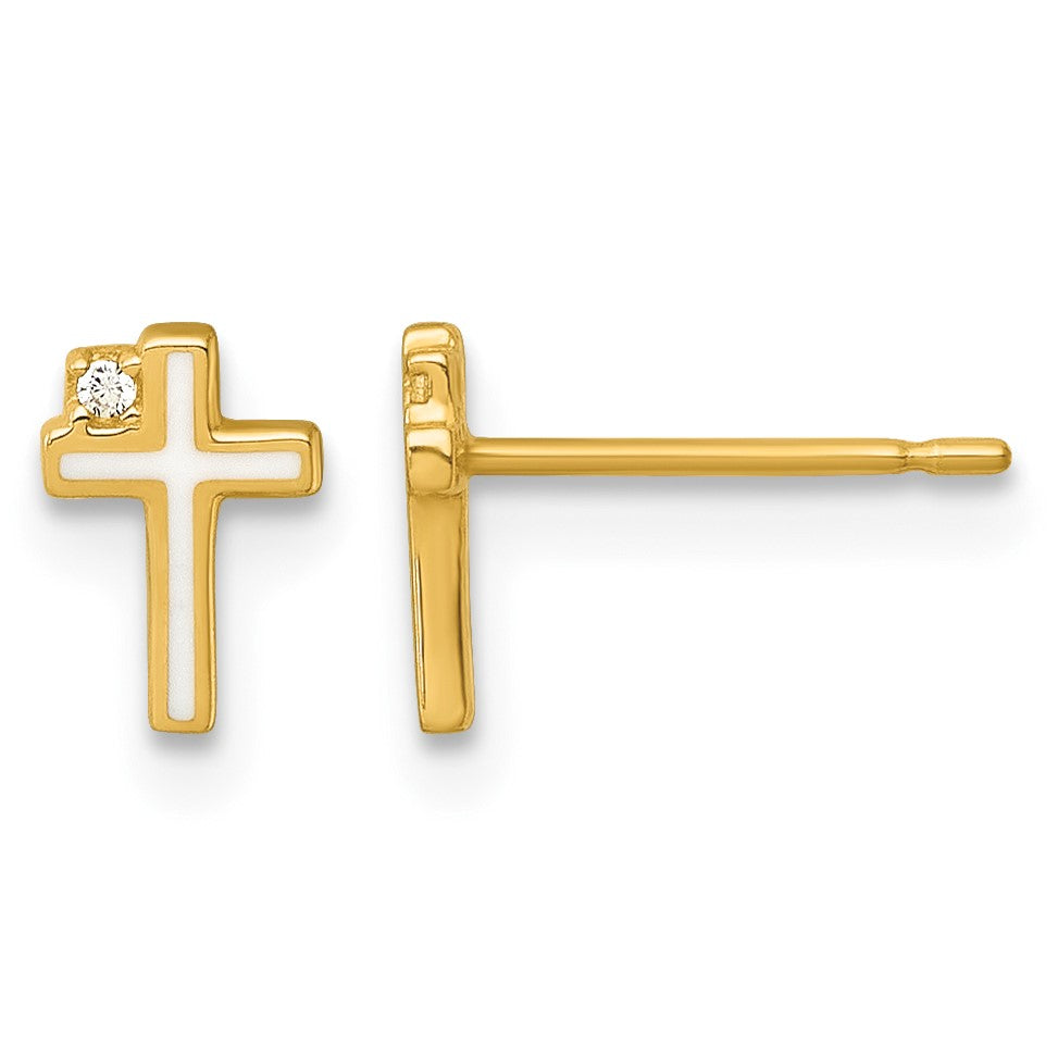14k Madi K Polished White Enameled CZ Cross Childrens Post Earrings