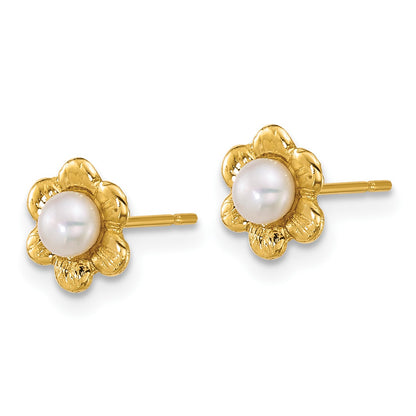 14k Madi K Polished 3-4mm Button White Freshwater Cultured Pearl Flower Childrens Post Earrings
