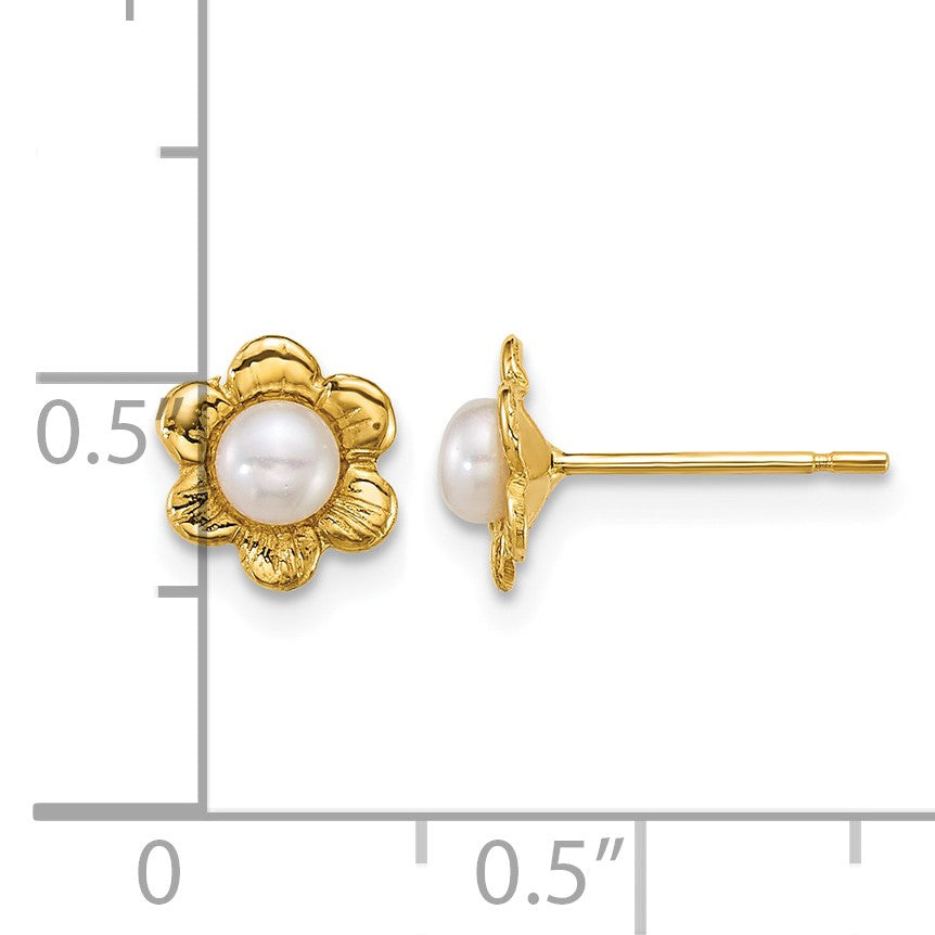 14k Madi K Polished 3-4mm Button White Freshwater Cultured Pearl Flower Childrens Post Earrings