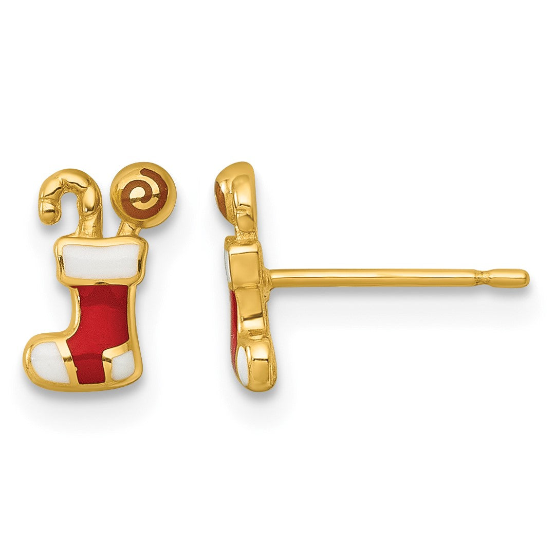 14k Madi K Polished Enameled Christmas Stocking with Candy Childrens Post Earrings