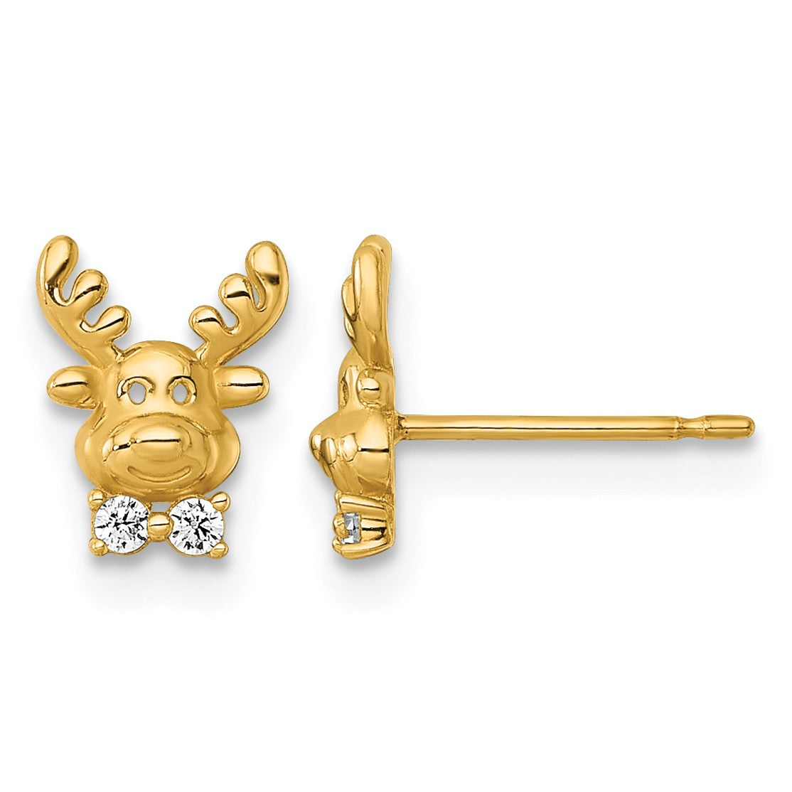 14k Madi K Polished CZ Reindeer Childrens Post Earrings