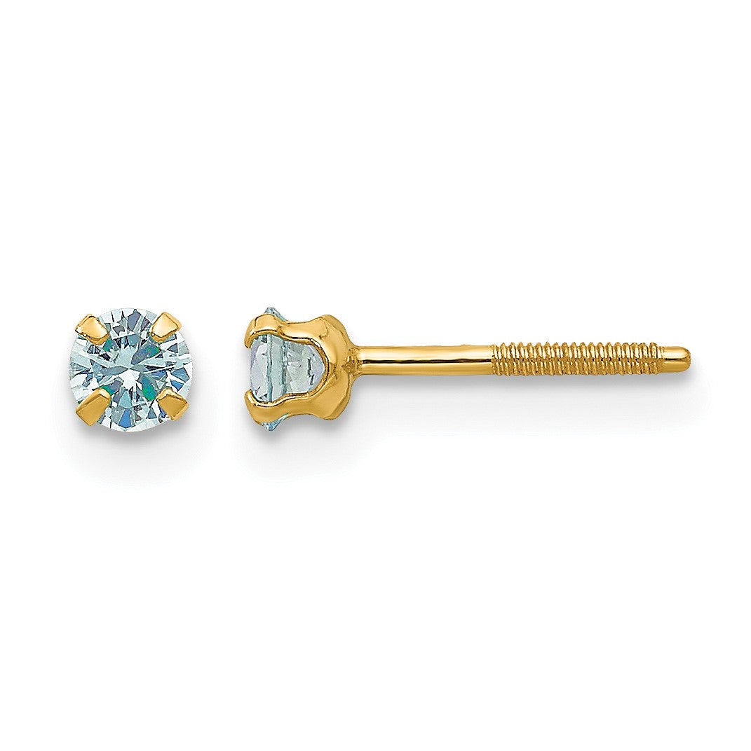14k Madi K 3mm Round Imitation Aquamarine March Birthstone Screwback Post Earrings