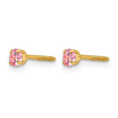 14k Madi K 3mm Round Imitation Pink Tourmaline October Birthstone Screwback Post Earrings