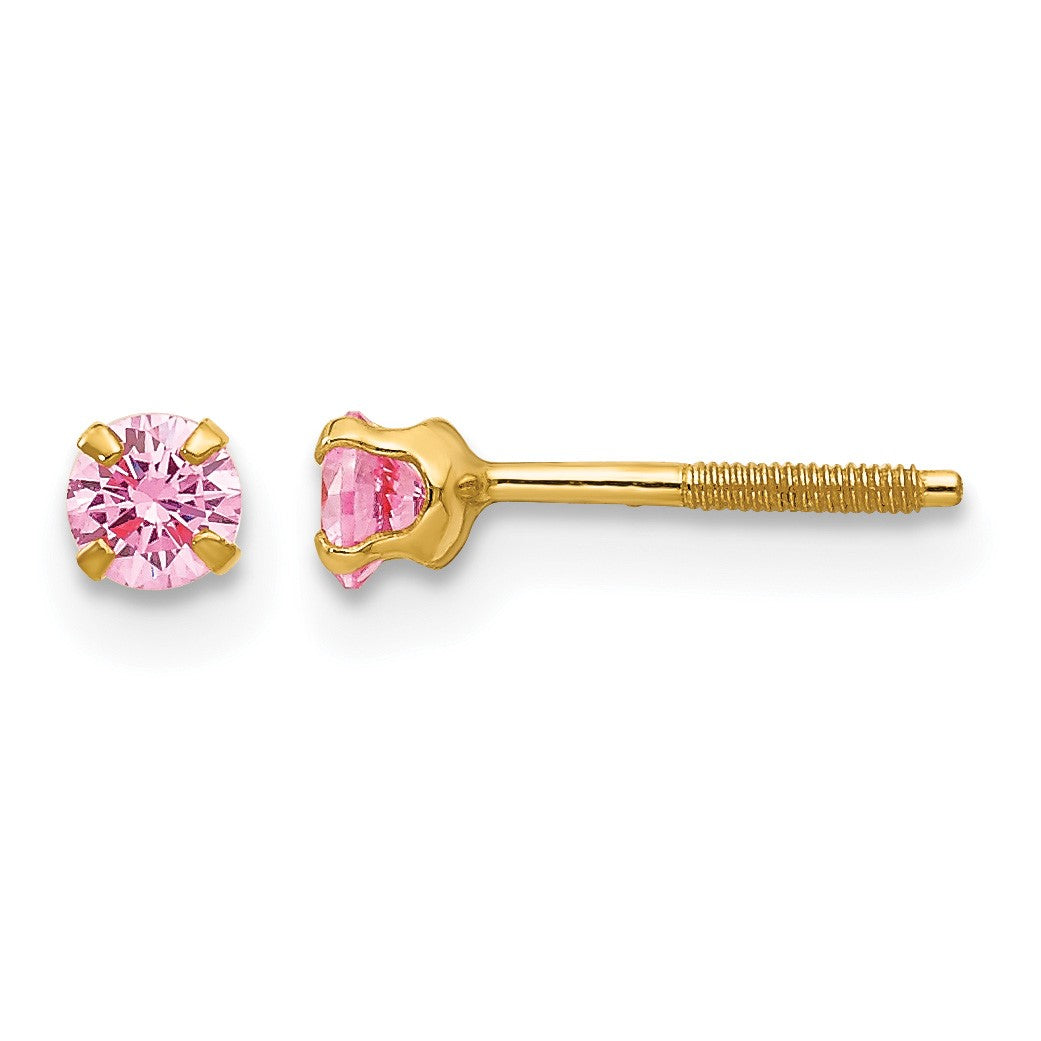 14k Madi K 3mm Round Imitation Pink Tourmaline October Birthstone Screwback Post Earrings
