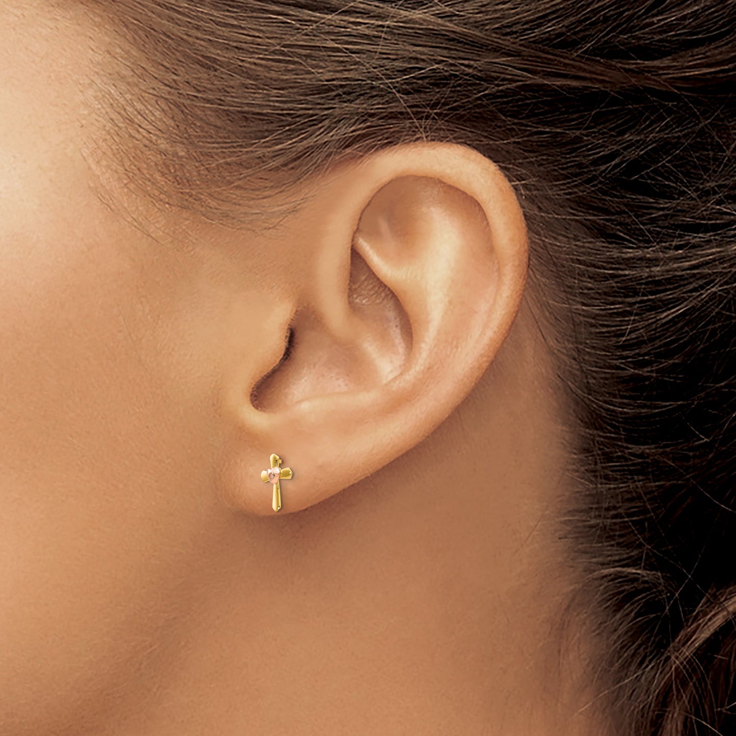 14k Yellow and Rose Gold Madi K Heart Cross Childrens Post Earrings