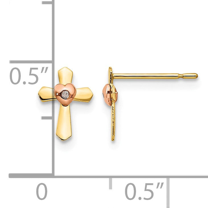 14k Yellow and Rose Gold Madi K Heart Cross Childrens Post Earrings