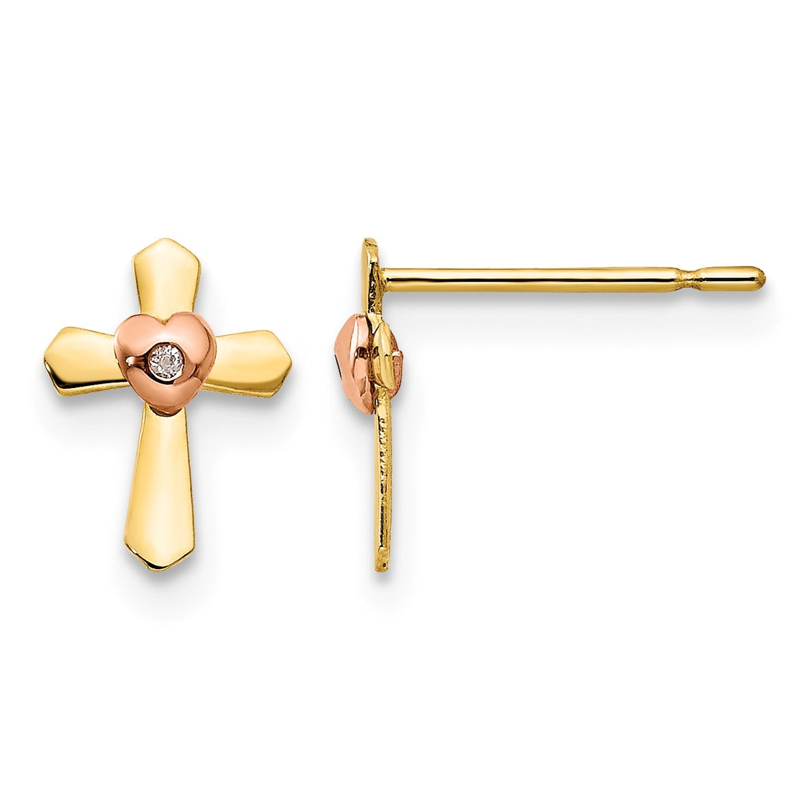 14k Yellow and Rose Gold Madi K Heart Cross Childrens Post Earrings