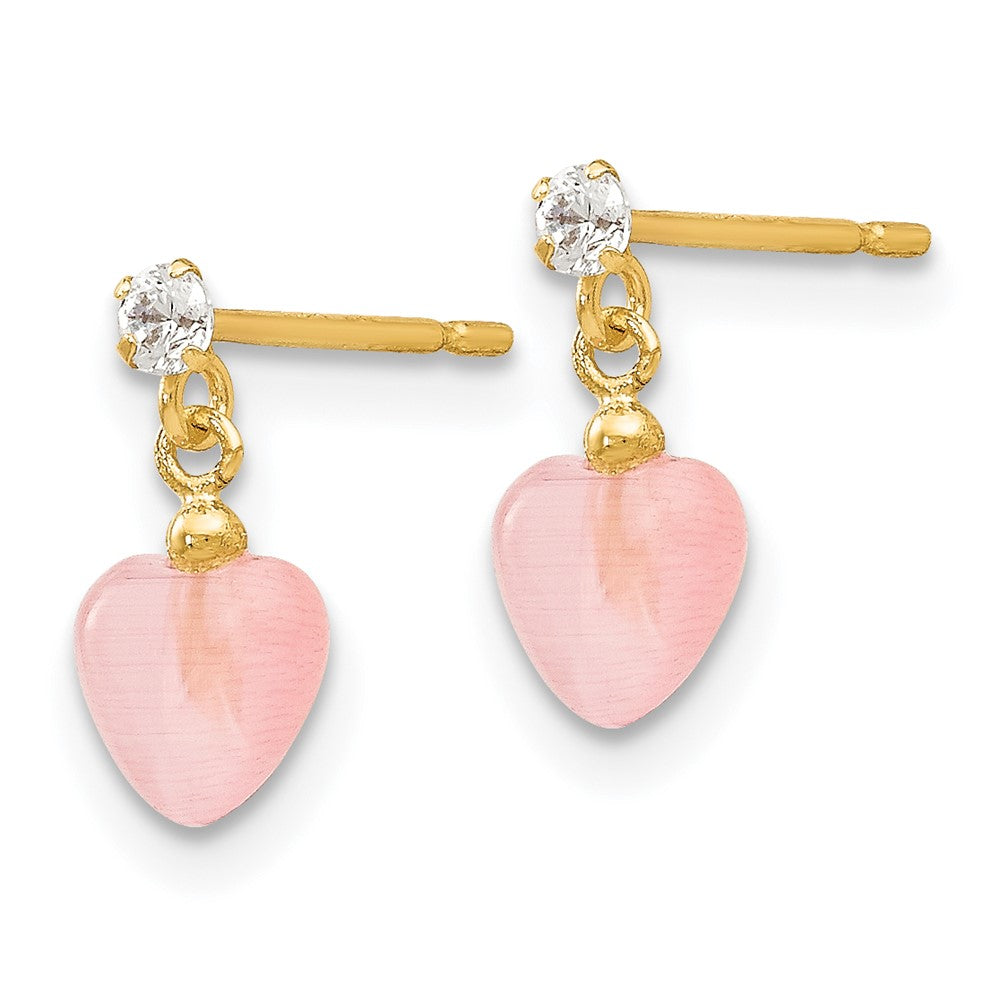 14k Madi K CZ and Pink Cat's Eye Heart Dangle Post Earrings