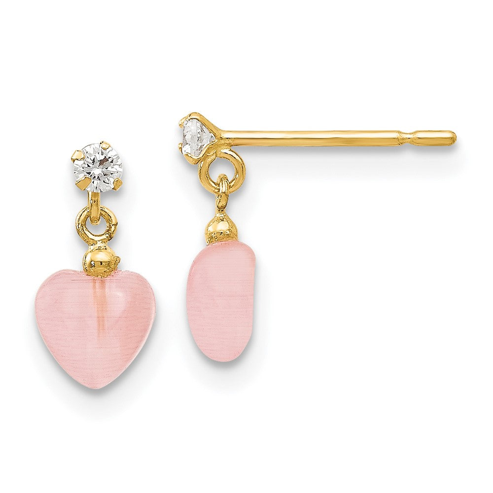 14k Madi K CZ and Pink Cat's Eye Heart Dangle Post Earrings