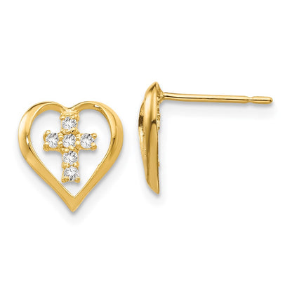 14k Madi K CZ Children's Heart Cross Post Earrings