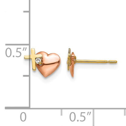 14k Yellow and Rose Gold Madi K CZ Heart and Cross Childrens Post Earrings