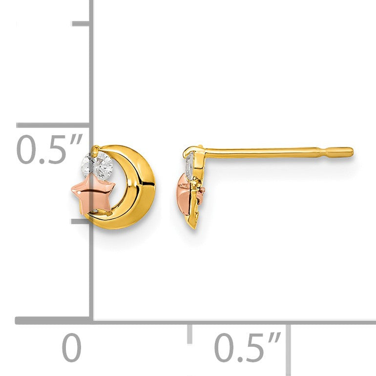 14k Yellow and Rose Gold Madi K CZ Moon and Star Childrens Post Earrings