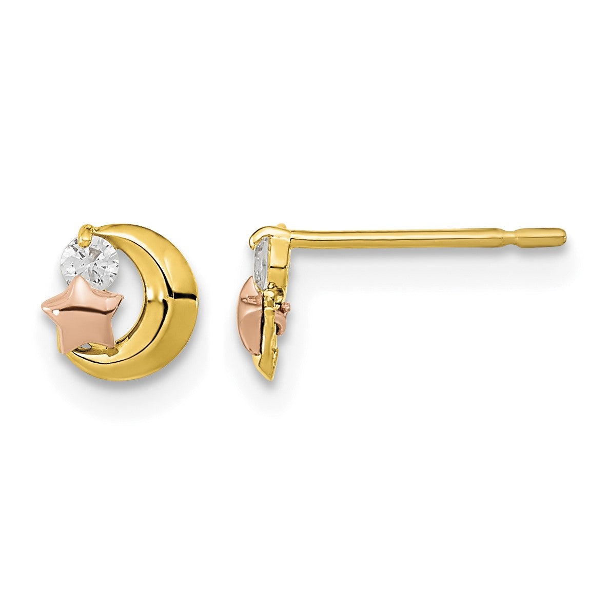 14k Yellow and Rose Gold Madi K CZ Moon and Star Childrens Post Earrings