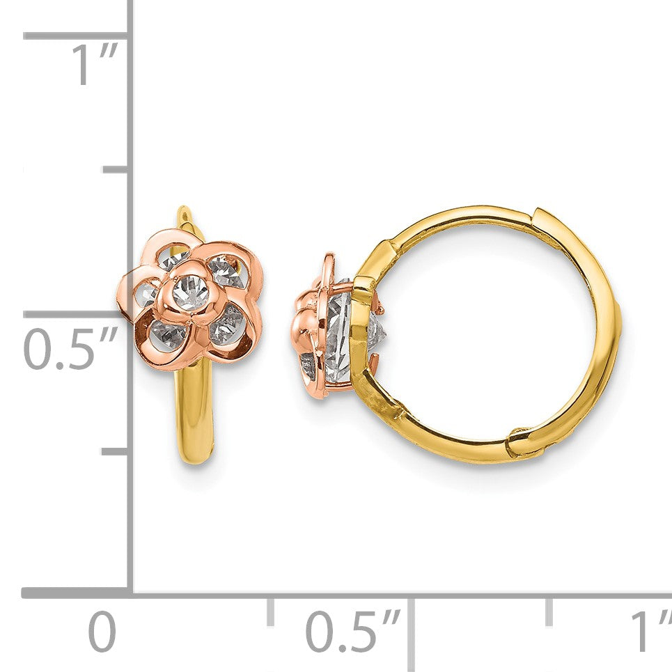 14k Yellow and Rose Gold Madi K CZ Flower Childrens Hinged Hoop Earrings