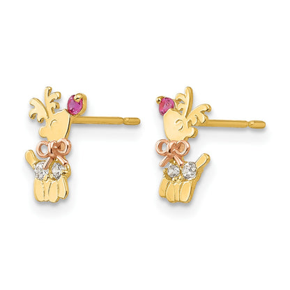 14k Yellow and Rose Gold Madi K CZ Reindeer Childrens Post Earrings