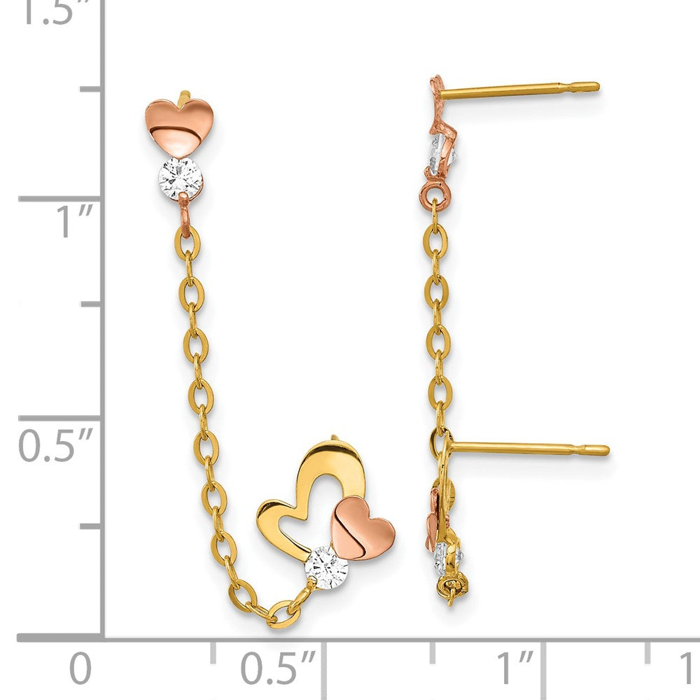 14k Madi K Two-tone CZ Double Post w/Chain Heart Earring