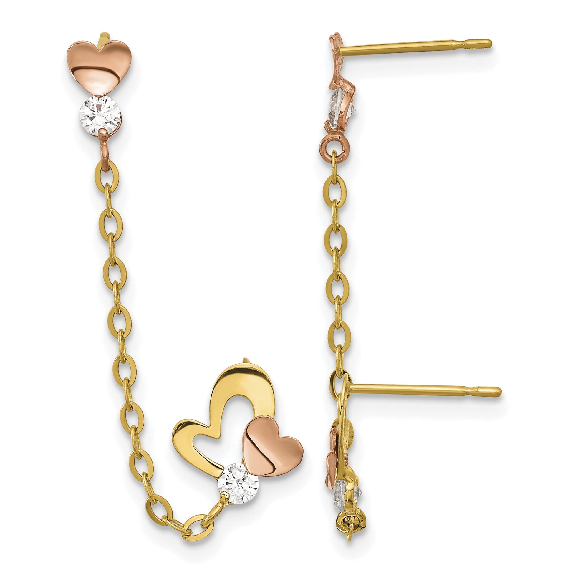 14k Madi K Two-tone CZ and Heart Double Post with Chain Single Earring
