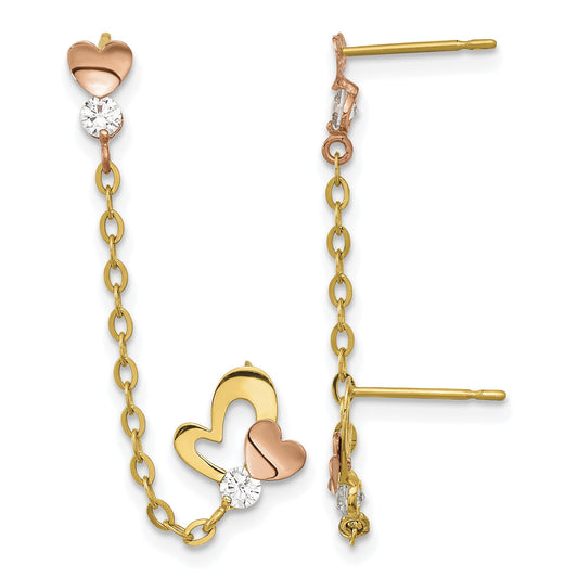14k Madi K Two-tone CZ and Heart Double Post with Chain Single Earring