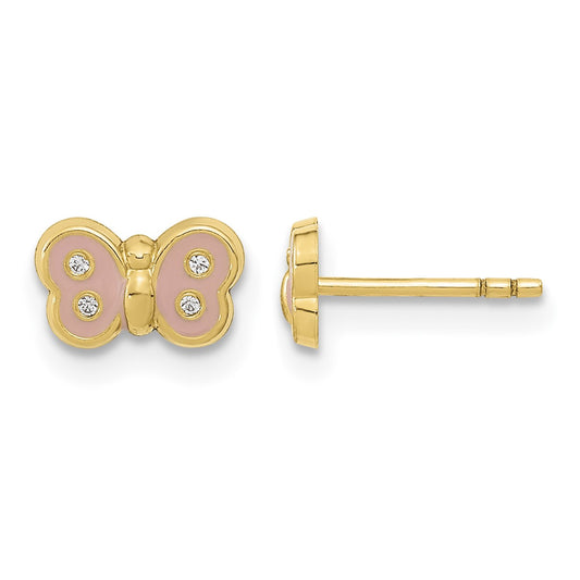 14k Madi K Polished Pink Enameled and CZ Butterfly Childrens Post Earrings