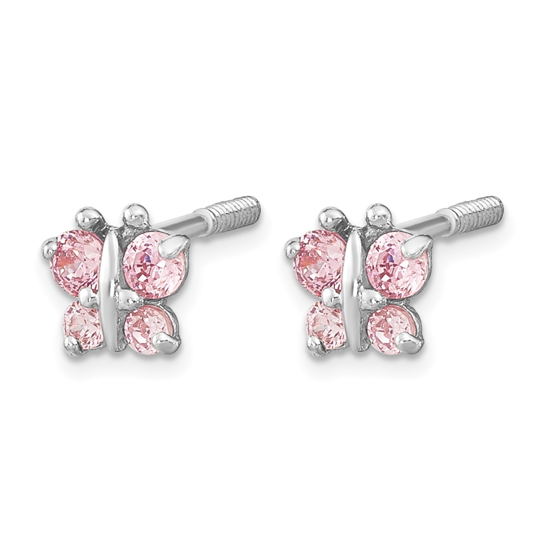 14k White Gold Madi K Polished Pink CZ Butterfly Childrens Screwback Post Earrings