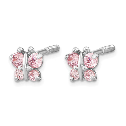 14k White Gold Madi K Polished Pink CZ Butterfly Childrens Screwback Post Earrings