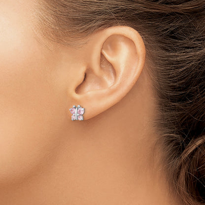 14k White Gold Madi K Polished Pink CZ Butterfly Childrens Screwback Post Earrings