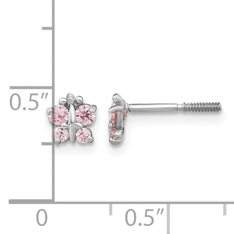 14k White Gold Madi K Polished Pink CZ Butterfly Childrens Screwback Post Earrings