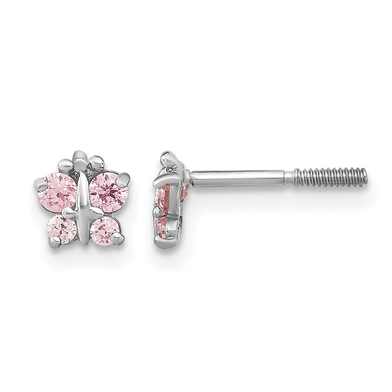 14k White Gold Madi K Polished Pink CZ Butterfly Childrens Screwback Post Earrings