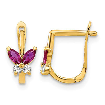 14k Madi K Polished Red and White CZ Butterfly Childrens Hinged Earrings