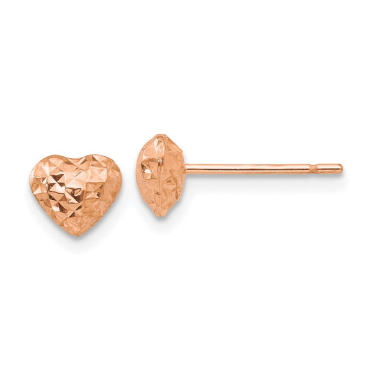 14K Rose Gold Diamond Cut Puffed Heart Post Stud Earrings