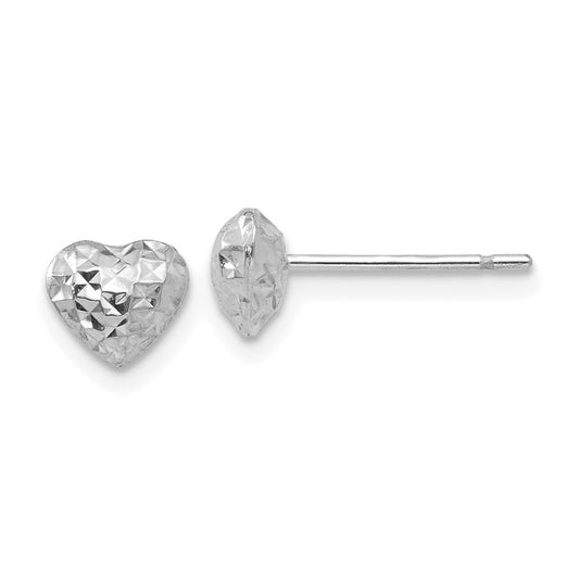 14K White Gold Diamond Cut Puffed Heart Post Stud Earrings