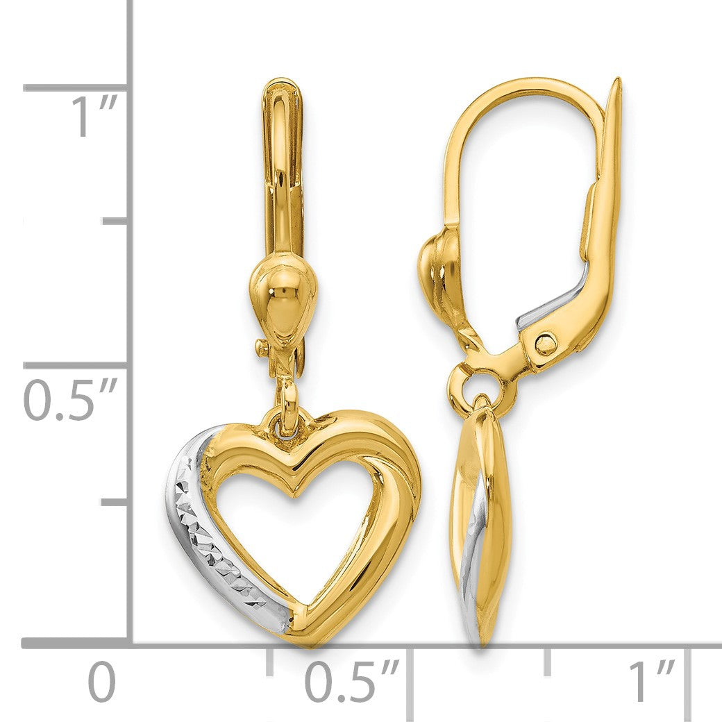 14K and White Rhodium Textured and Polished Heart Leverback Earrings