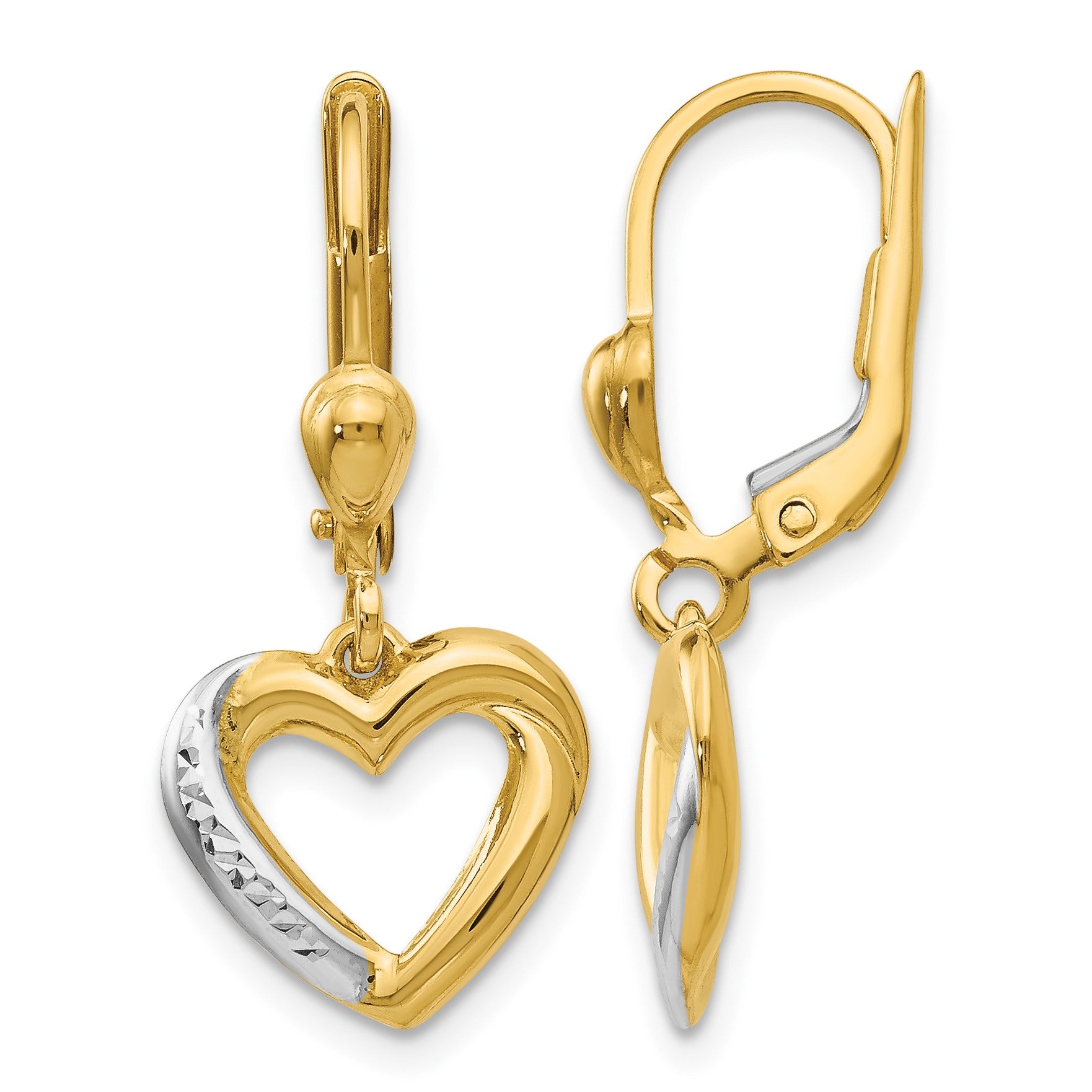 14K and White Rhodium Textured and Polished Heart Leverback Earrings