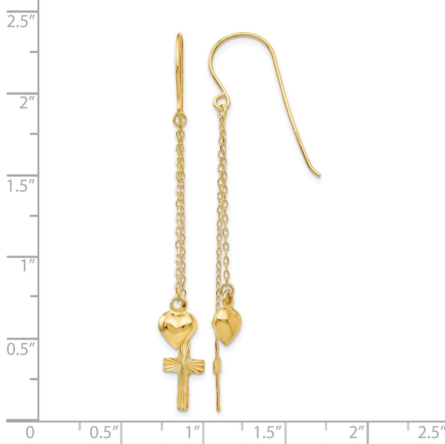 14K Ropa Chain Puffed Heart and Diamond-Cut Cross Dangle French Hook Earrings