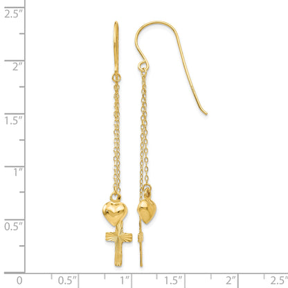 14K Ropa Chain Puffed Heart and Diamond-Cut Cross Dangle French Hook Earrings