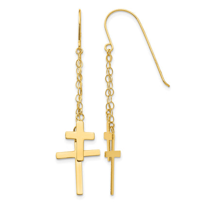 14K Chain Dangle 2-Cross French Hook Earrings