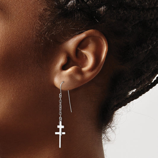14K White Gold Chain Dangle 2-Cross French Hook Earrings